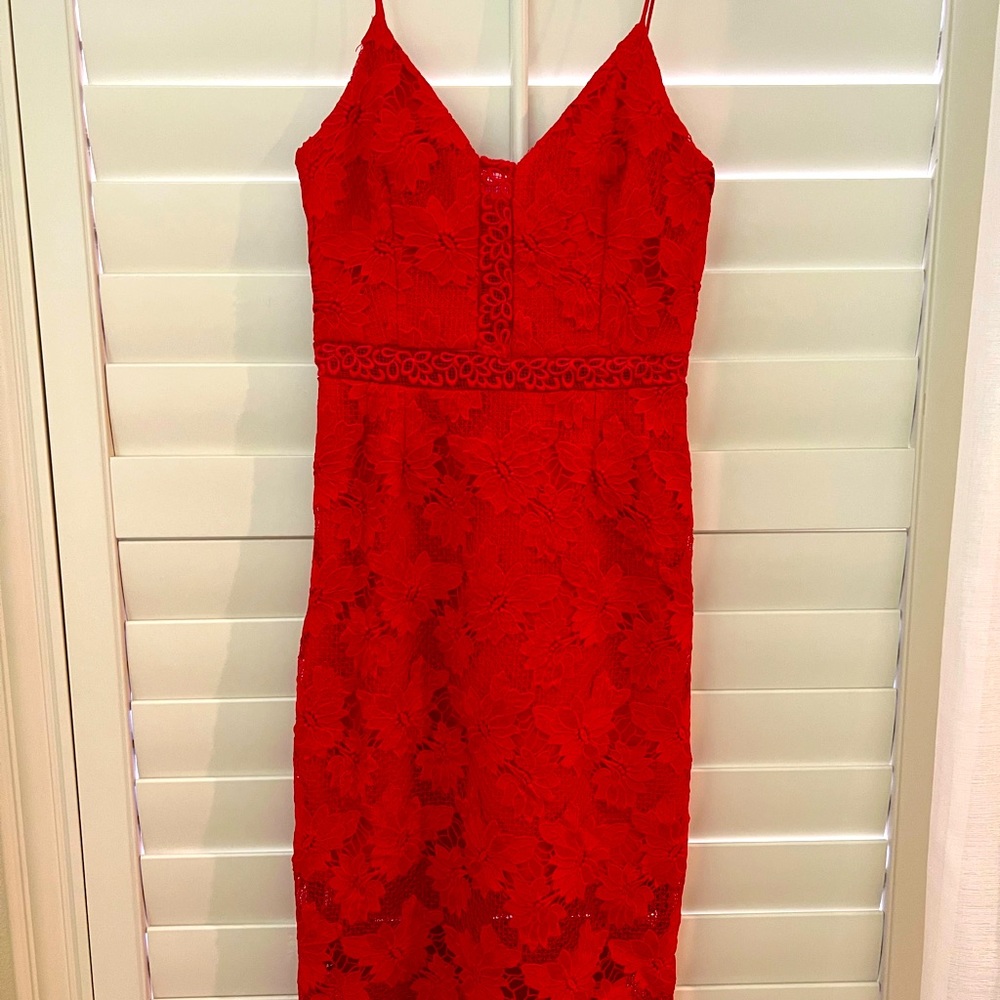 Nicholas laser cut red lace dress